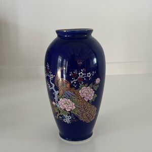 Vintage Cobalt Blue Vase Gold Gilded Japanese Floral and Peacock Art 6” Tall
